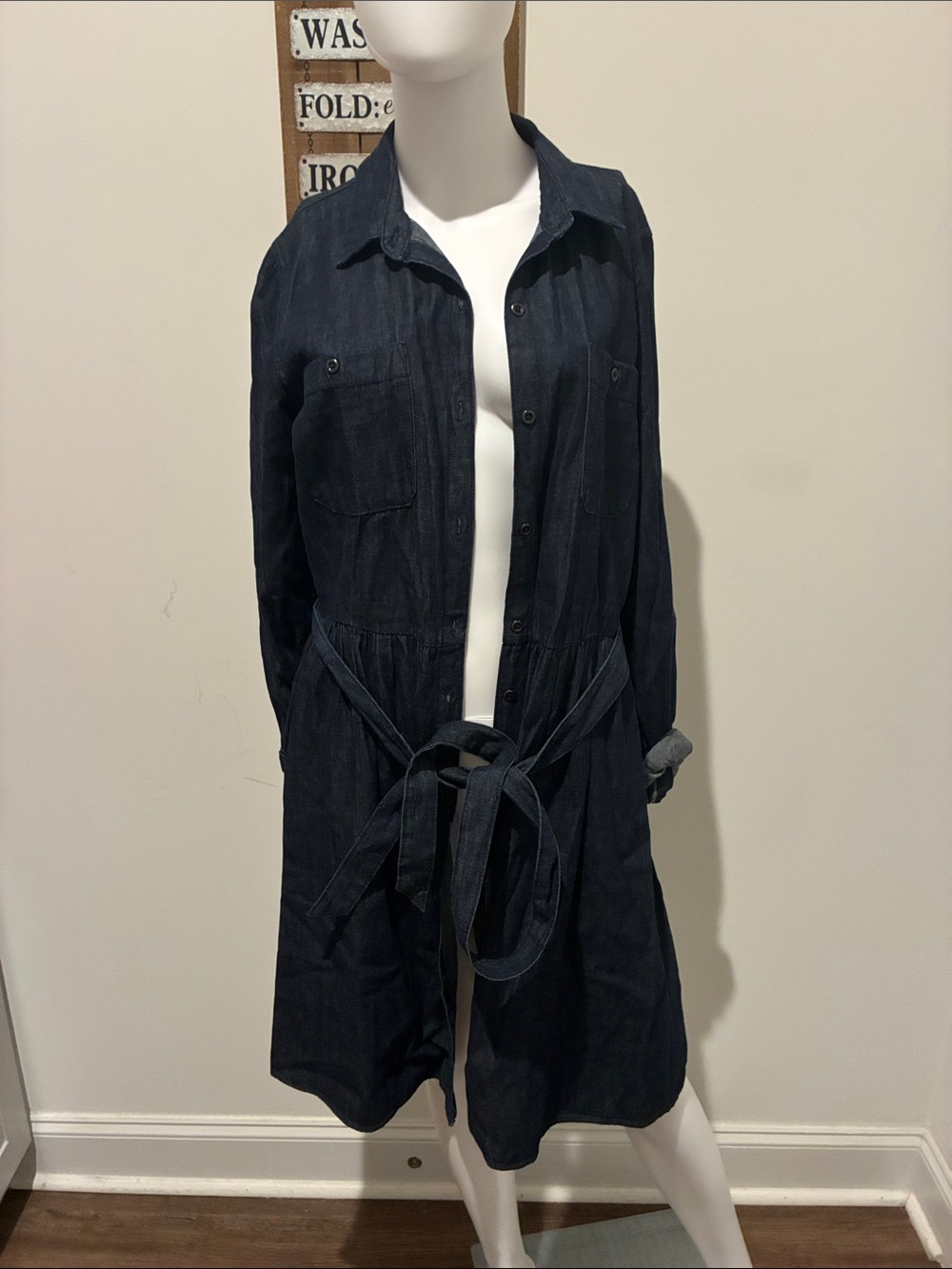 Dark Blue Denim Shirt Dress with Tie Waist